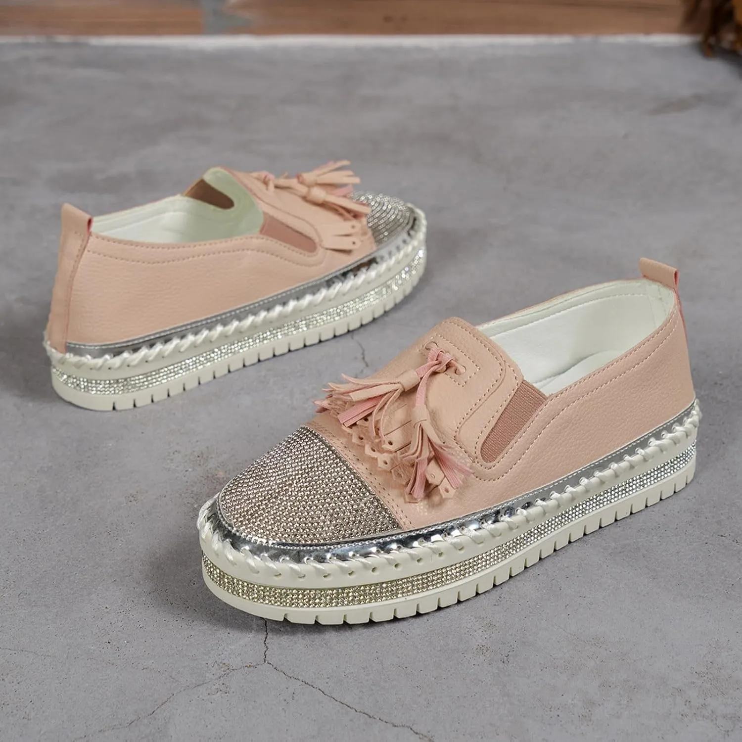 Women's Fashion Leather Loafers Sparkly Rhinestone Tassel Decoration Thick Sole Shoes Comfy Casual Boots for Women