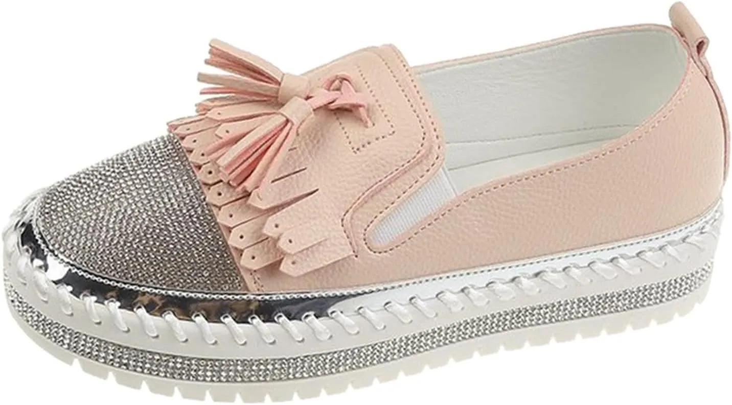 Women's Fashion Leather Loafers Sparkly Rhinestone Tassel Decoration Thick Sole Shoes Comfy Casual Boots for Women
