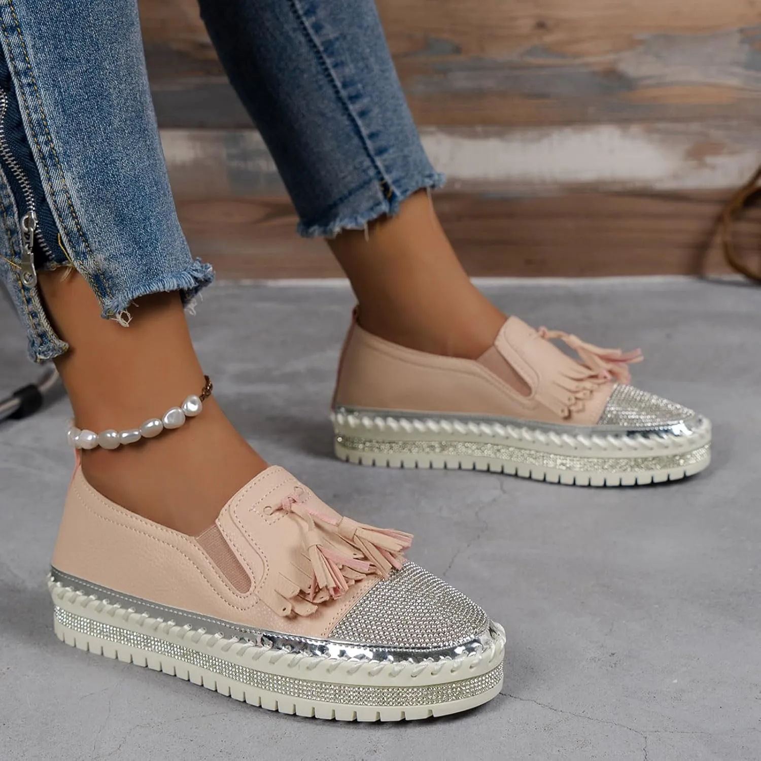Women's Fashion Leather Loafers Sparkly Rhinestone Tassel Decoration Thick Sole Shoes Comfy Casual Boots for Women