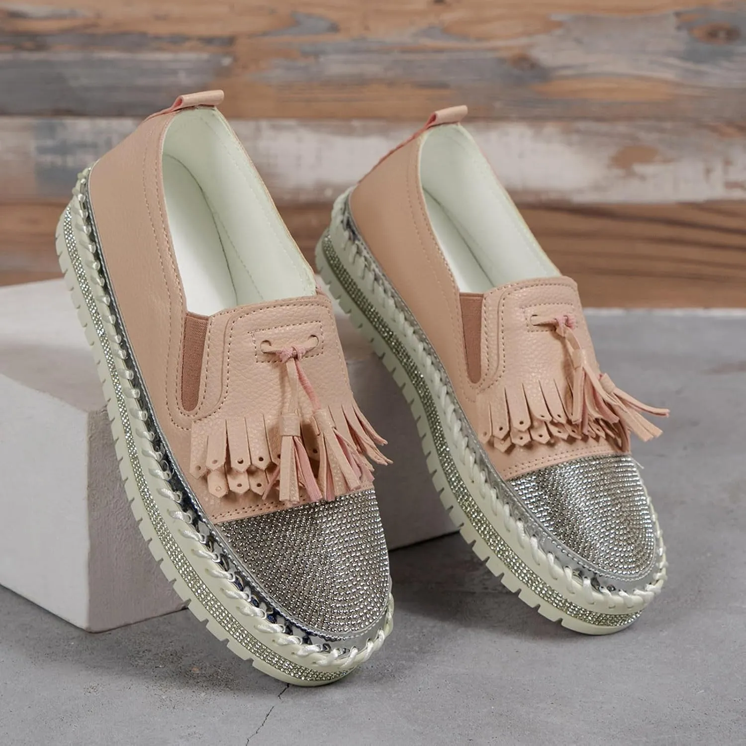 Women's Fashion Leather Loafers Sparkly Rhinestone Tassel Decoration Thick Sole Shoes Comfy Casual Boots for Women
