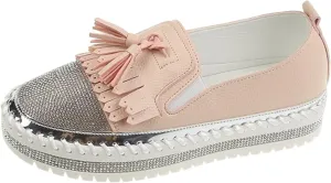 Women's Fashion Leather Loafers Sparkly Rhinestone Tassel Decoration Thick Sole Shoes Comfy Casual Boots for Women