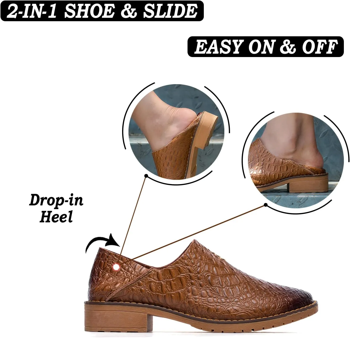 Women's Fashion Leather Penny Loafer Drop-in Heel Slip On Flats Mules Shoes