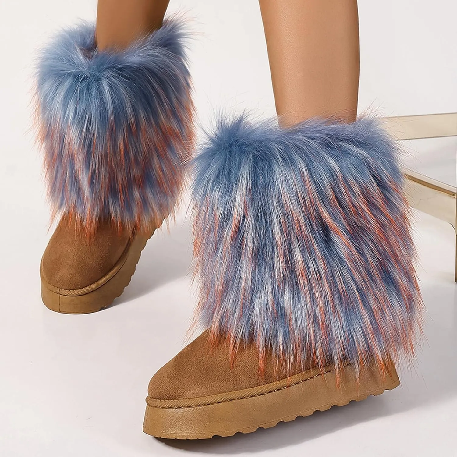 Women's Faux Fur Mid Calf Thick Bottom Boots Winter Warm Plush Snow Boots Comfortable Outdoor Flat Shoes