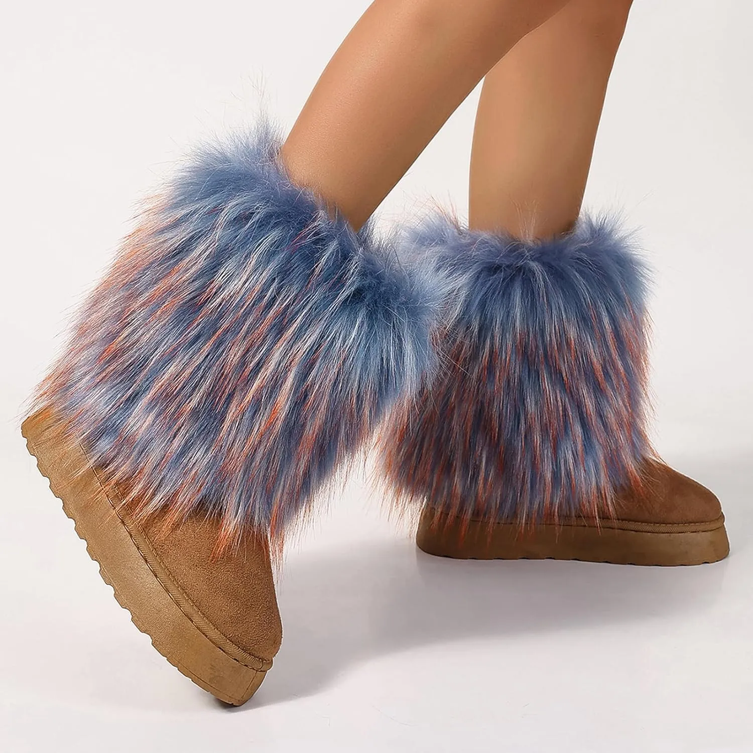 Women's Faux Fur Mid Calf Thick Bottom Boots Winter Warm Plush Snow Boots Comfortable Outdoor Flat Shoes