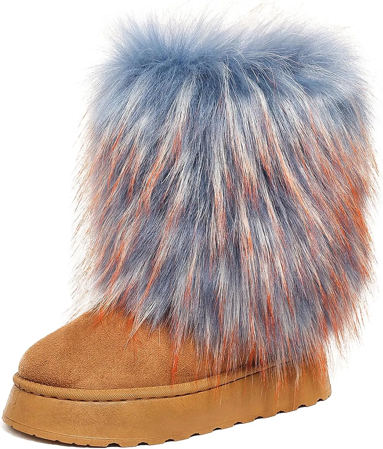 Women's Faux Fur Mid Calf Thick Bottom Boots Winter Warm Plush Snow Boots Comfortable Outdoor Flat Shoes