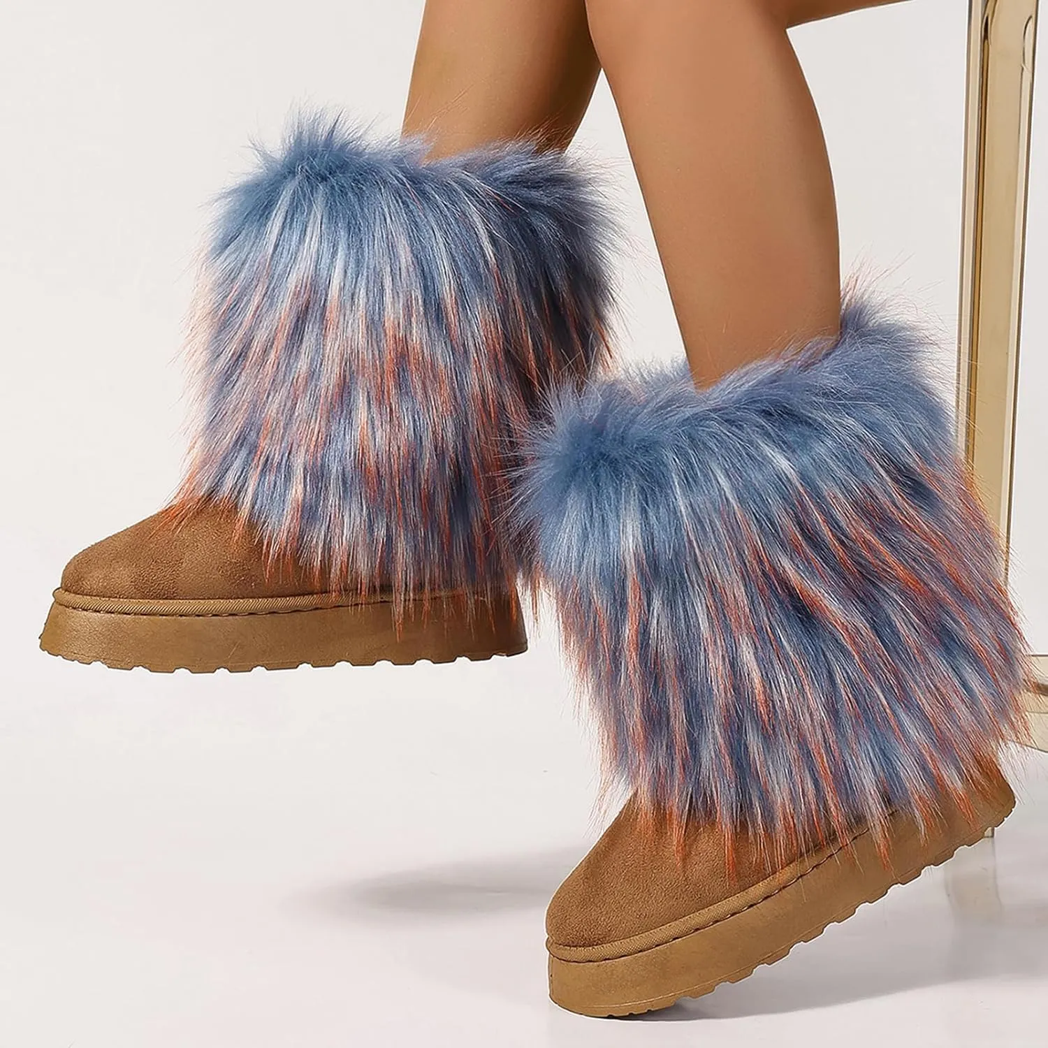 Women's Faux Fur Mid Calf Thick Bottom Boots Winter Warm Plush Snow Boots Comfortable Outdoor Flat Shoes