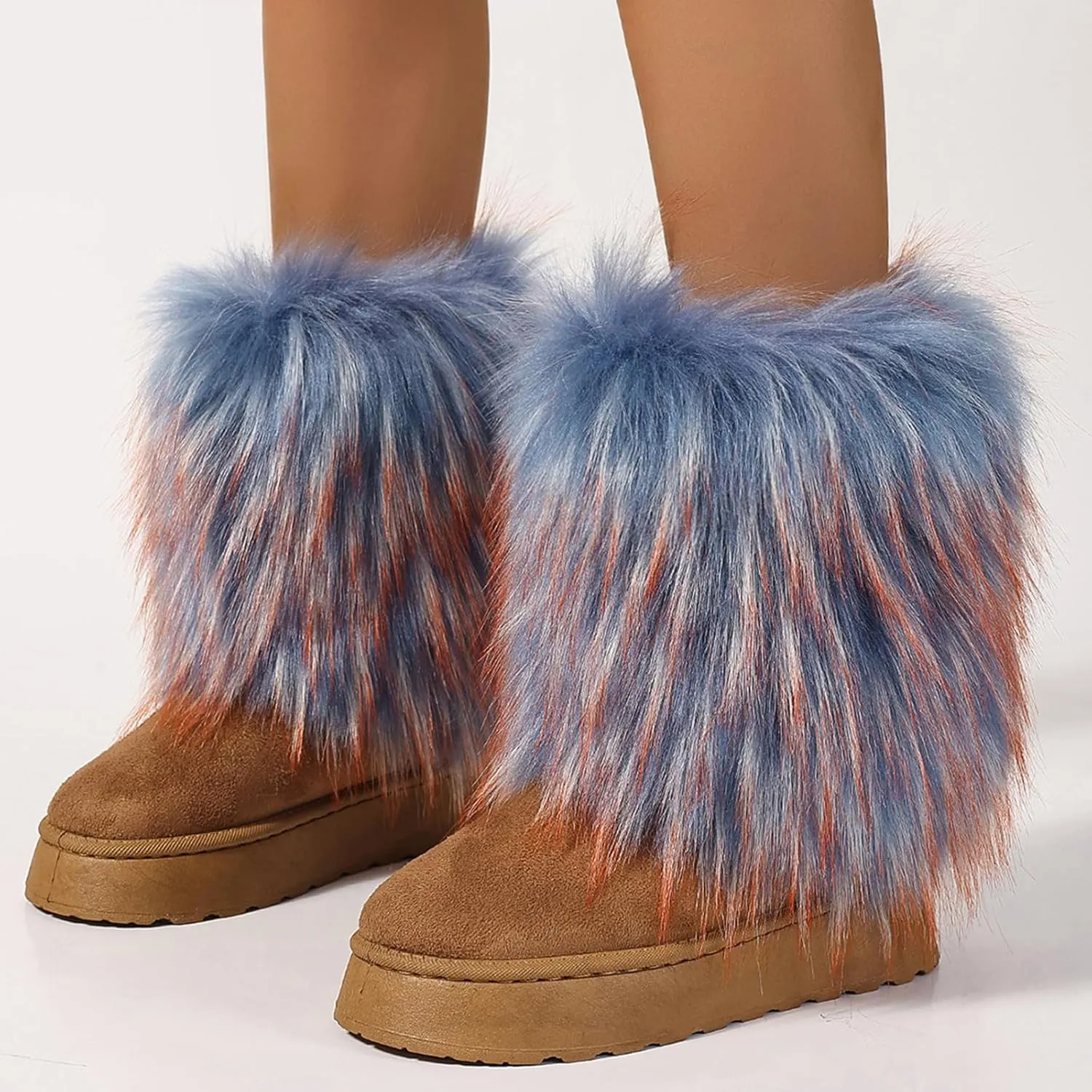 Women's Faux Fur Mid Calf Thick Bottom Boots Winter Warm Plush Snow Boots Comfortable Outdoor Flat Shoes
