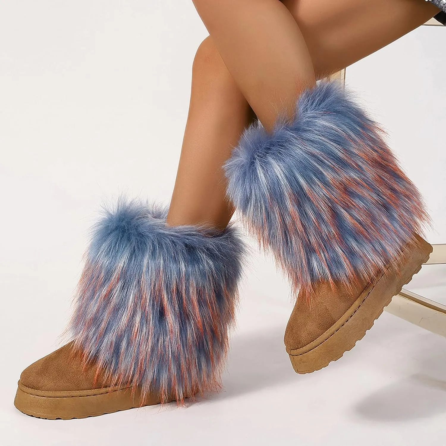 Women's Faux Fur Mid Calf Thick Bottom Boots Winter Warm Plush Snow Boots Comfortable Outdoor Flat Shoes