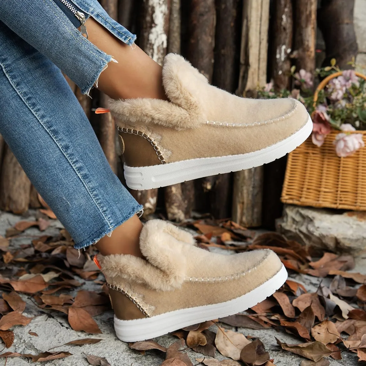 Women's Flat Fluffy Ankle Boots Slip-on Soft Plush Sneakers Fur Lined Warm Cozy Round Toe Thick Sole Casual Cotton Shoe