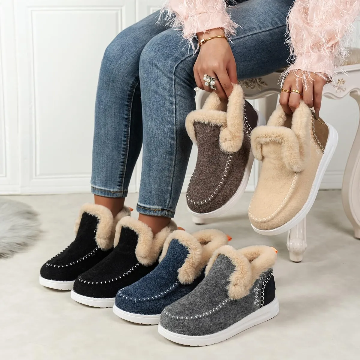 Women's Flat Fluffy Ankle Boots Slip-on Soft Plush Sneakers Fur Lined Warm Cozy Round Toe Thick Sole Casual Cotton Shoe