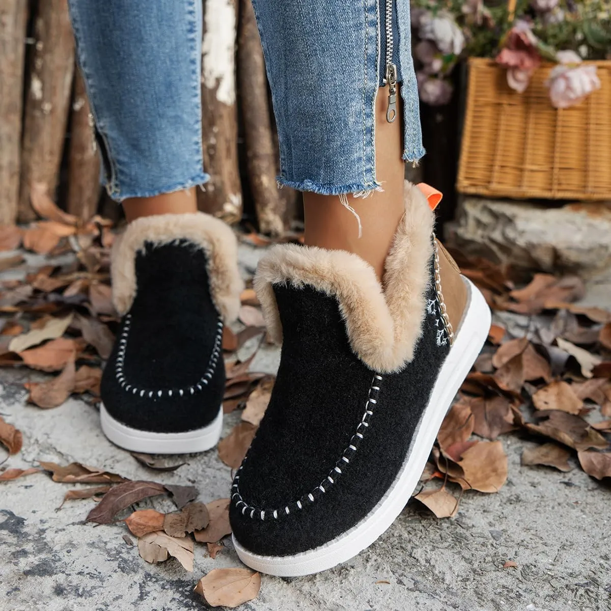 Women's Flat Fluffy Ankle Boots Slip-on Soft Plush Sneakers Fur Lined Warm Cozy Round Toe Thick Sole Casual Cotton Shoe