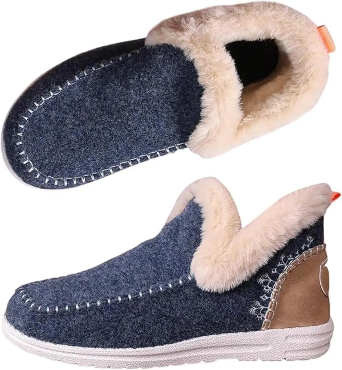 Women's Flat Fluffy Ankle Boots Slip-on Soft Plush Sneakers Fur Lined Warm Cozy Round Toe Thick Sole Casual Cotton Shoe