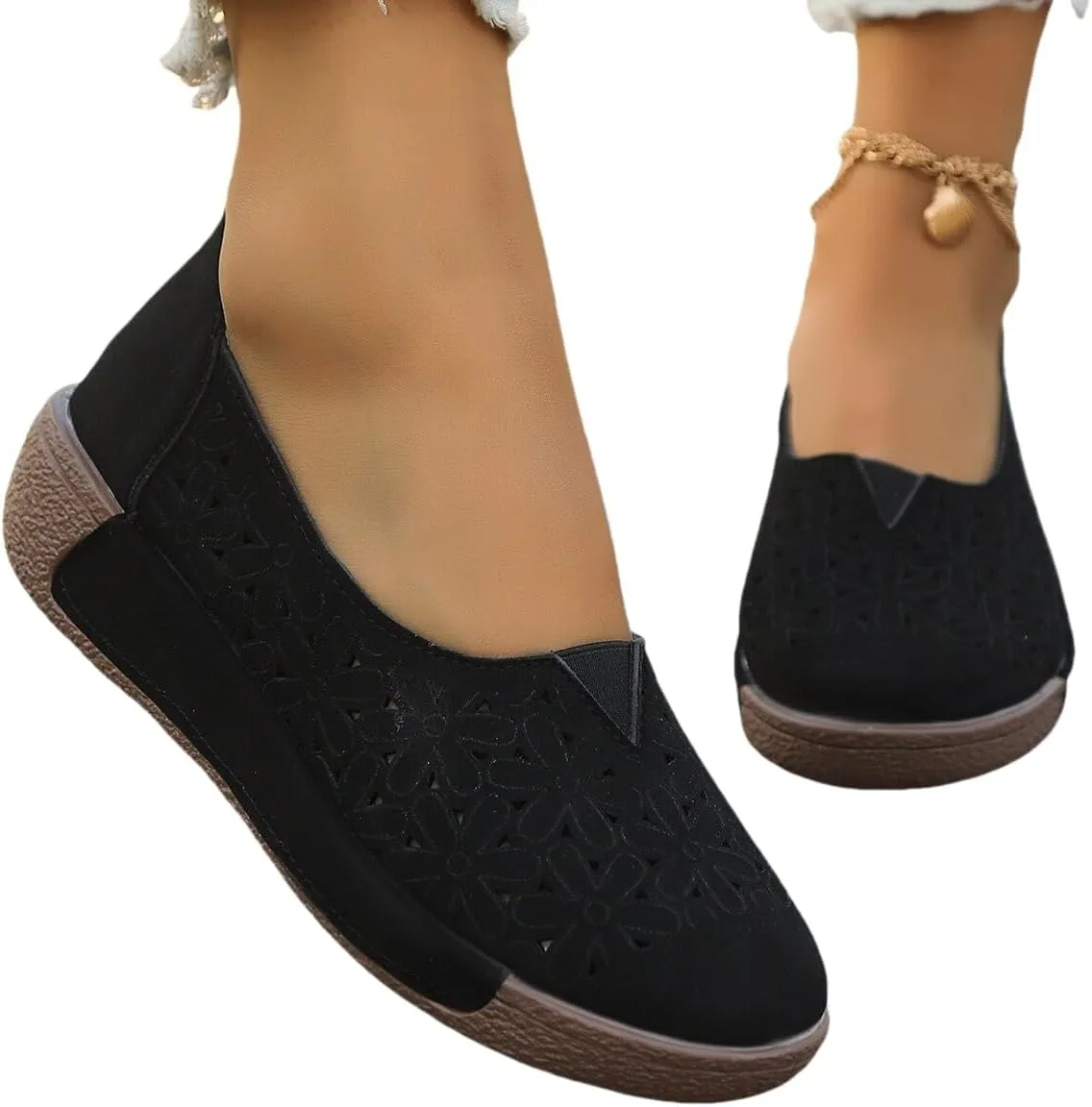 Women's Floral Ballet Flat Flats Shoes Slip On Flowers Round Toe Casual Dress Hollow Hole Summer Comfortable Work Office PU Leather Fashion Trendy Lazy with Eyelets Loafers