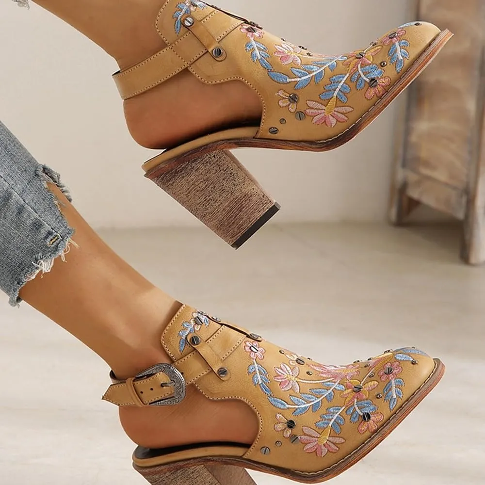Women's Floral Embroidery Ankle Boots Buckled Backless Western Vintage Wooden Chunky Heeled Booties