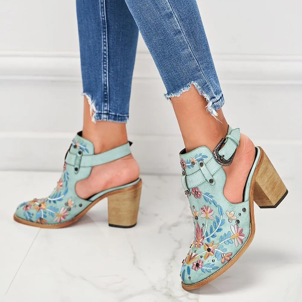 Women's Floral Embroidery Ankle Boots Buckled Backless Western Vintage Wooden Chunky Heeled Booties