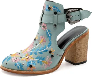 Women's Floral Embroidery Ankle Boots Buckled Backless Western Vintage Wooden Chunky Heeled Booties