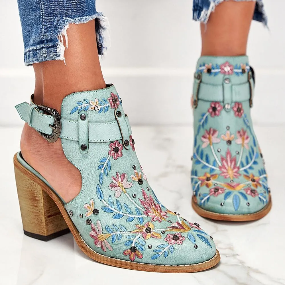 Women's Floral Embroidery Ankle Boots Buckled Backless Western Vintage Wooden Chunky Heeled Booties
