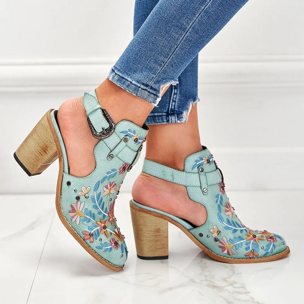 Women's Floral Embroidery Ankle Boots Buckled Backless Western Vintage Wooden Chunky Heeled Booties