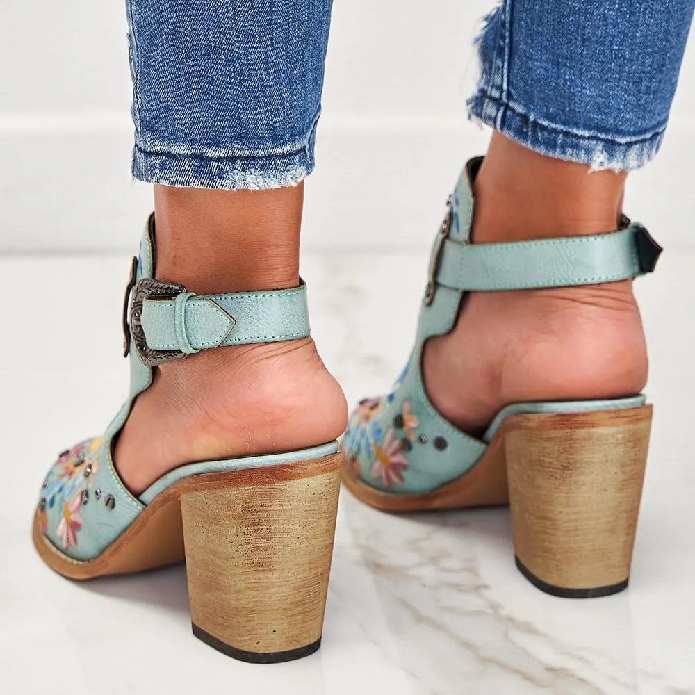Women's Floral Embroidery Ankle Boots Buckled Backless Western Vintage Wooden Chunky Heeled Booties