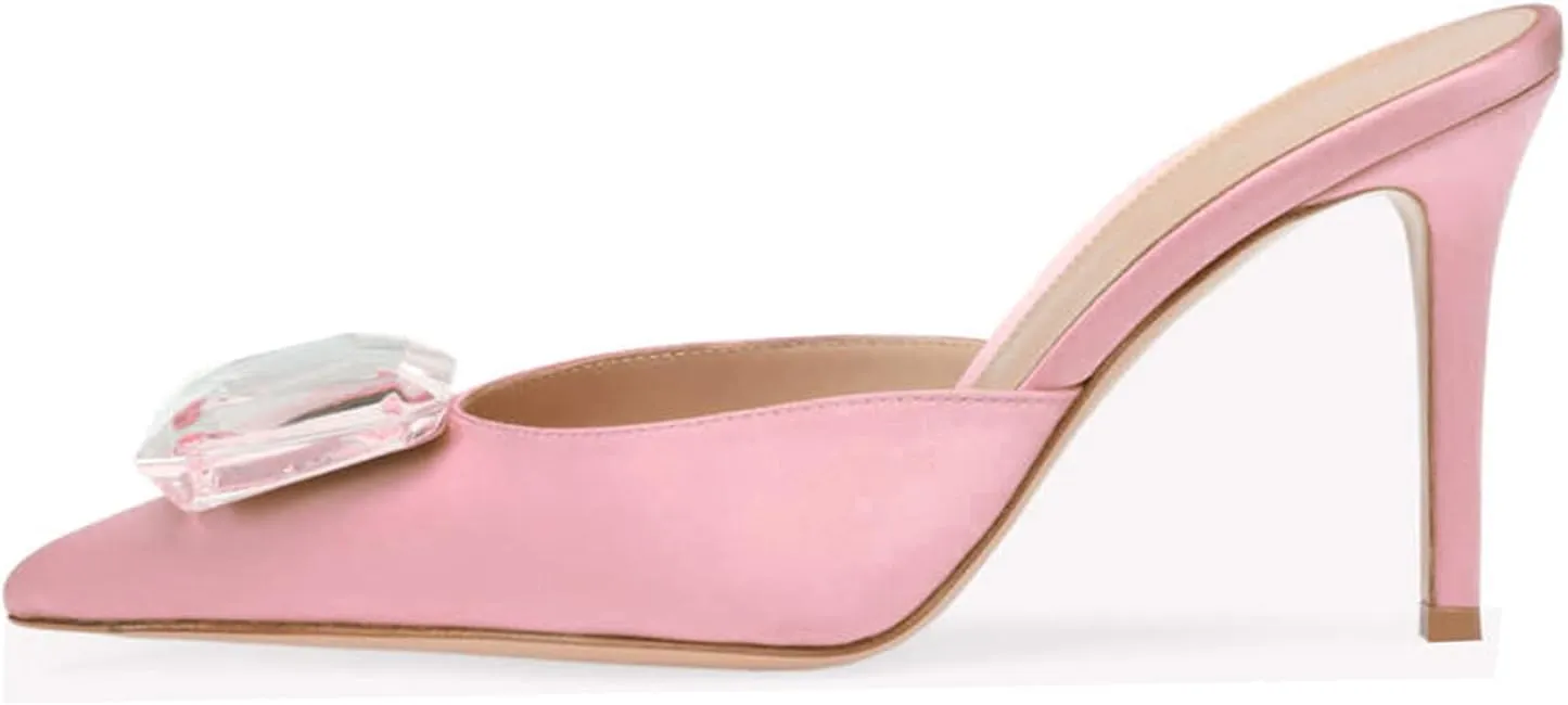 Women's Heeled Mules Pointed Toe Emerald Gemstone Stiletto Slip On Evening Dress Party Wedding Sandals Shoes