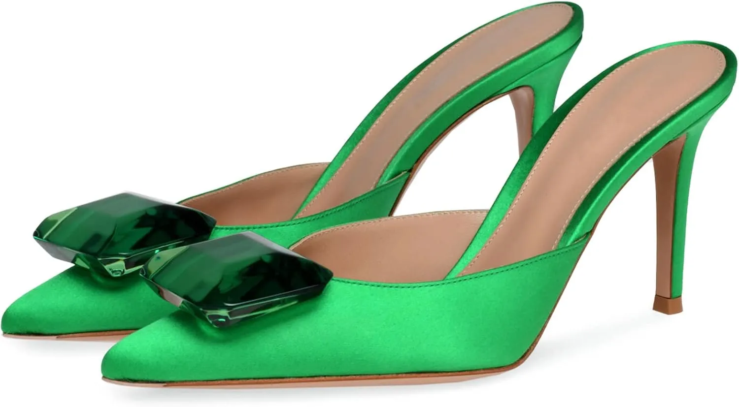 Women's Heeled Mules Pointed Toe Emerald Gemstone Stiletto Slip On Evening Dress Party Wedding Sandals Shoes