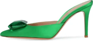 Women's Heeled Mules Pointed Toe Emerald Gemstone Stiletto Slip On Evening Dress Party Wedding Sandals Shoes