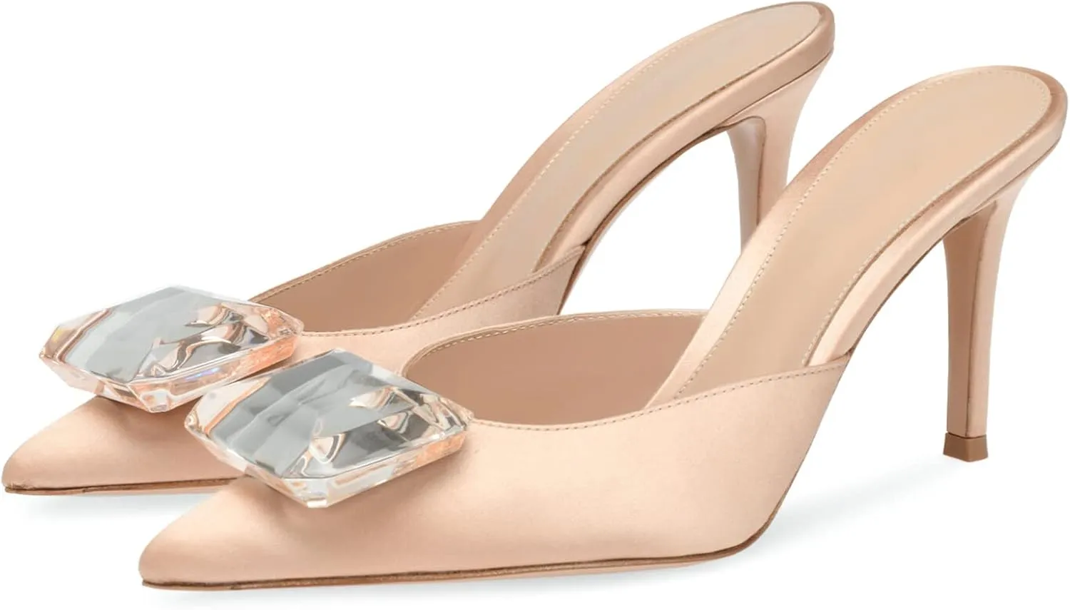 Women's Heeled Mules Pointed Toe Emerald Gemstone Stiletto Slip On Evening Dress Party Wedding Sandals Shoes