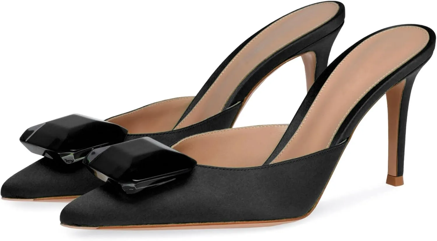 Women's Heeled Mules Pointed Toe Emerald Gemstone Stiletto Slip On Evening Dress Party Wedding Sandals Shoes