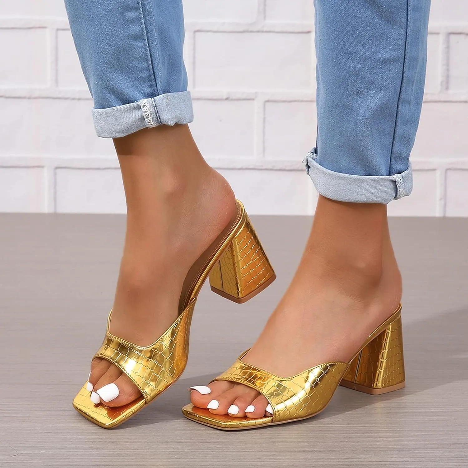 Women’s Heeled Sandals Block Chunky Heels Square Toe Slip On Dress Party Casual Pumps Mules Sandals Gold Silver US5-11
