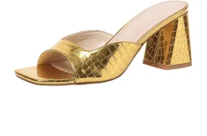 Women’s Heeled Sandals Block Chunky Heels Square Toe Slip On Dress Party Casual Pumps Mules Sandals Gold Silver US5-11