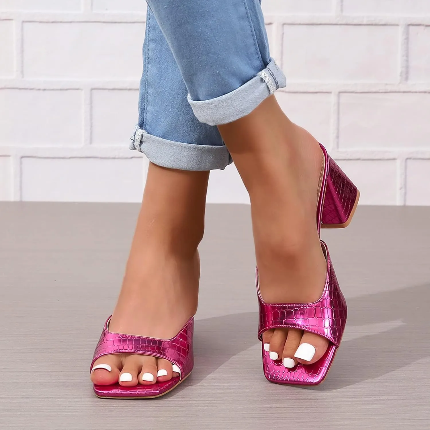 Women’s Heeled Sandals Block Chunky Heels Square Toe Slip On Dress Party Casual Pumps Mules Sandals Gold Silver US5-11