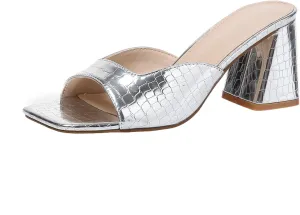 Women’s Heeled Sandals Block Chunky Heels Square Toe Slip On Dress Party Casual Pumps Mules Sandals Gold Silver US5-11