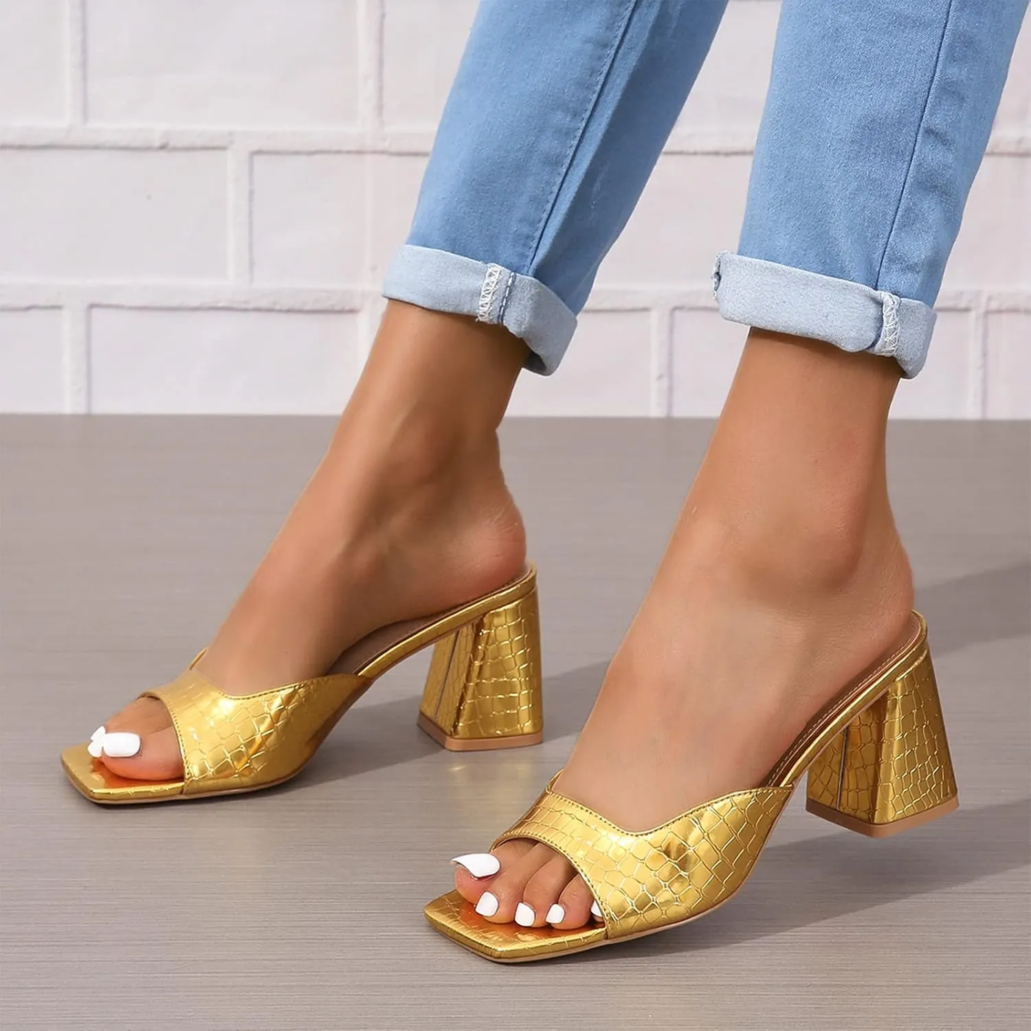 Women’s Heeled Sandals Block Chunky Heels Square Toe Slip On Dress Party Casual Pumps Mules Sandals Gold Silver US5-11