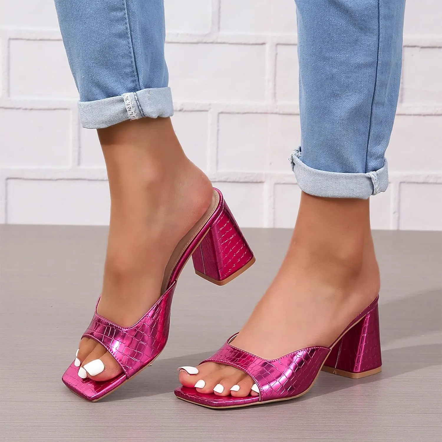 Women’s Heeled Sandals Block Chunky Heels Square Toe Slip On Dress Party Casual Pumps Mules Sandals Gold Silver US5-11