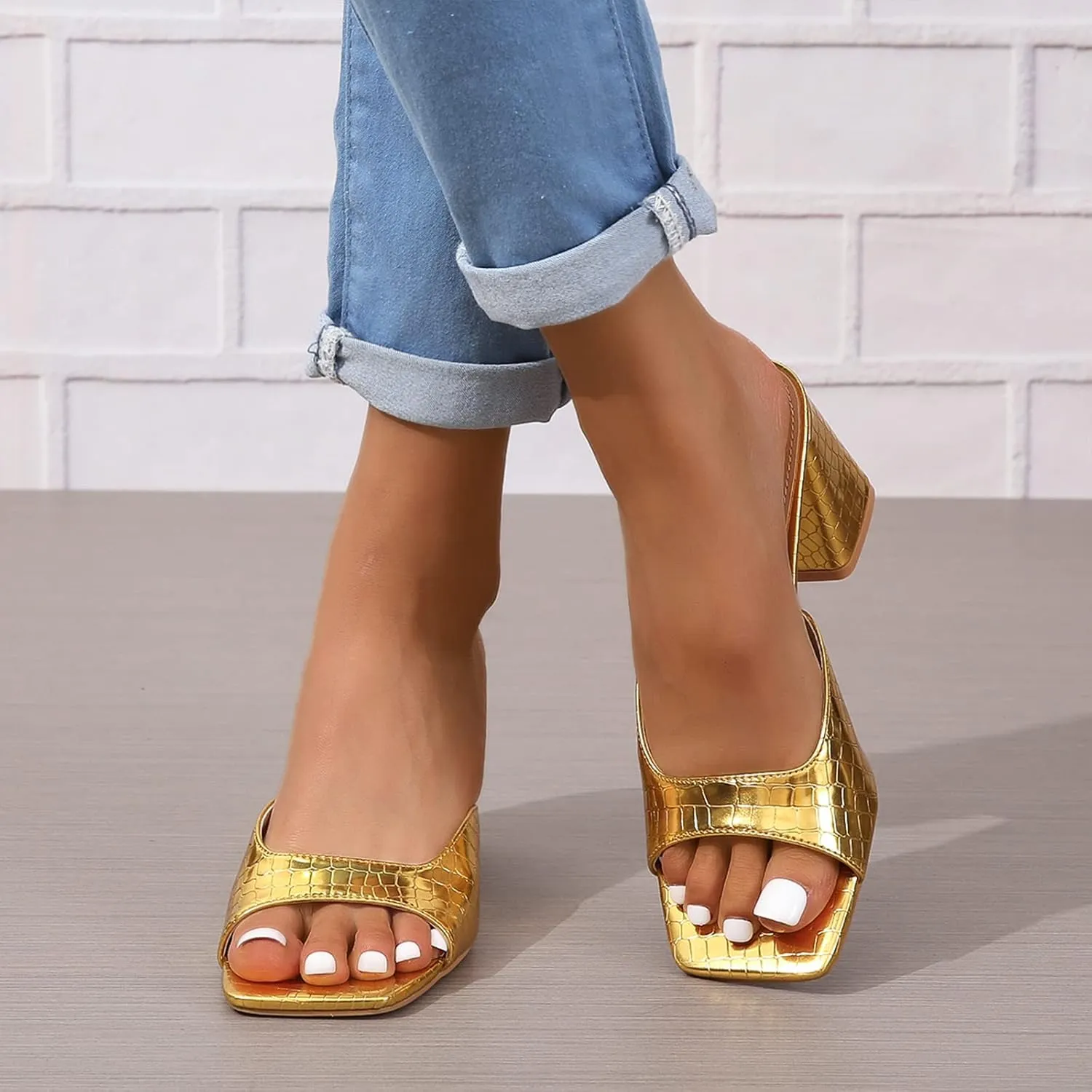Women’s Heeled Sandals Block Chunky Heels Square Toe Slip On Dress Party Casual Pumps Mules Sandals Gold Silver US5-11