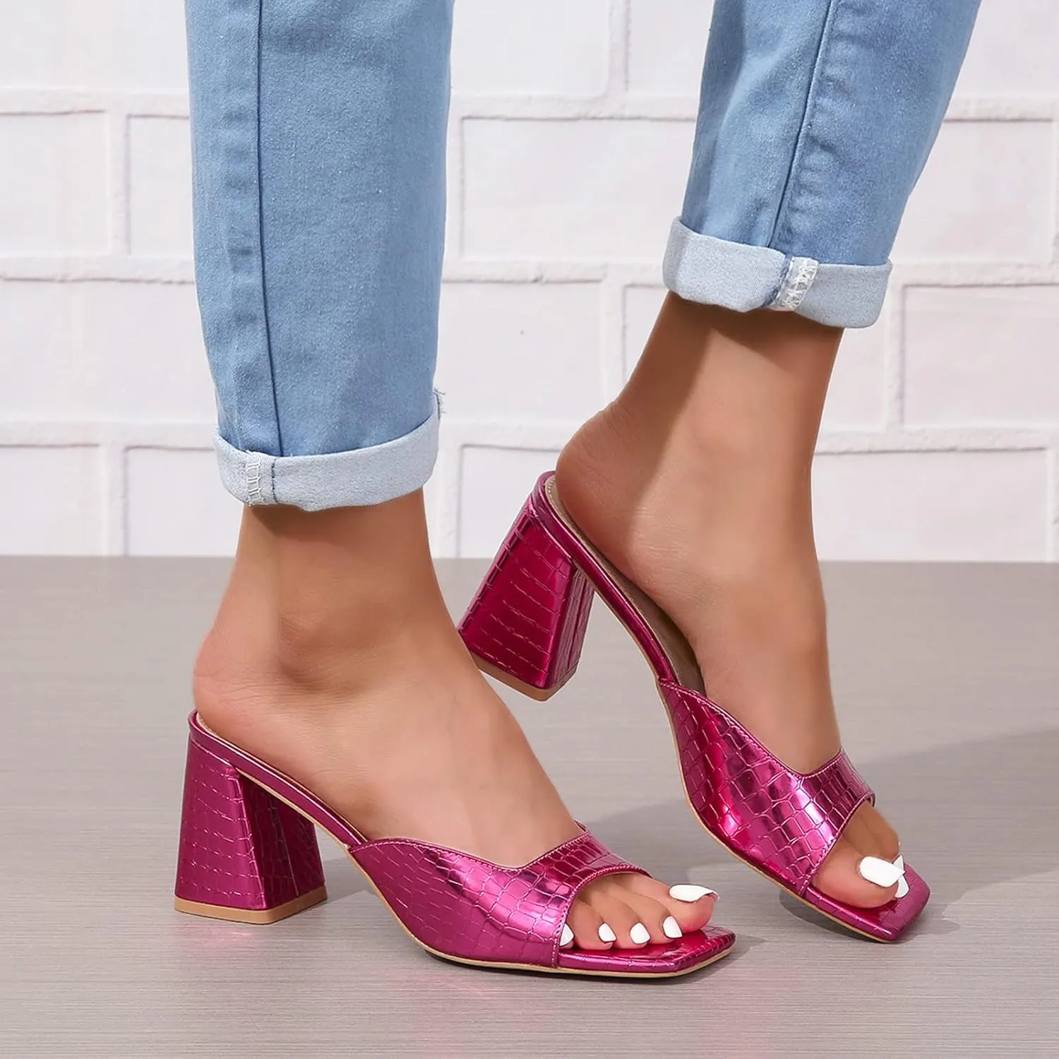 Women’s Heeled Sandals Block Chunky Heels Square Toe Slip On Dress Party Casual Pumps Mules Sandals Gold Silver US5-11