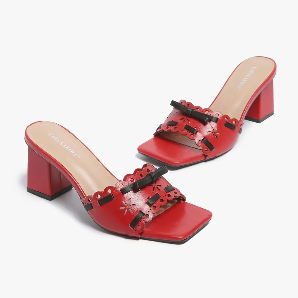 Women's Heeled Sandals Open Toe Mules Glossy Chunky Heels Casual Dress Shoes