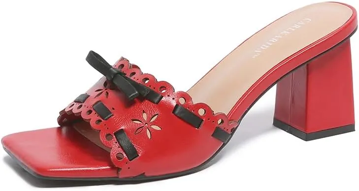 Women's Heeled Sandals Open Toe Mules Glossy Chunky Heels Casual Dress Shoes