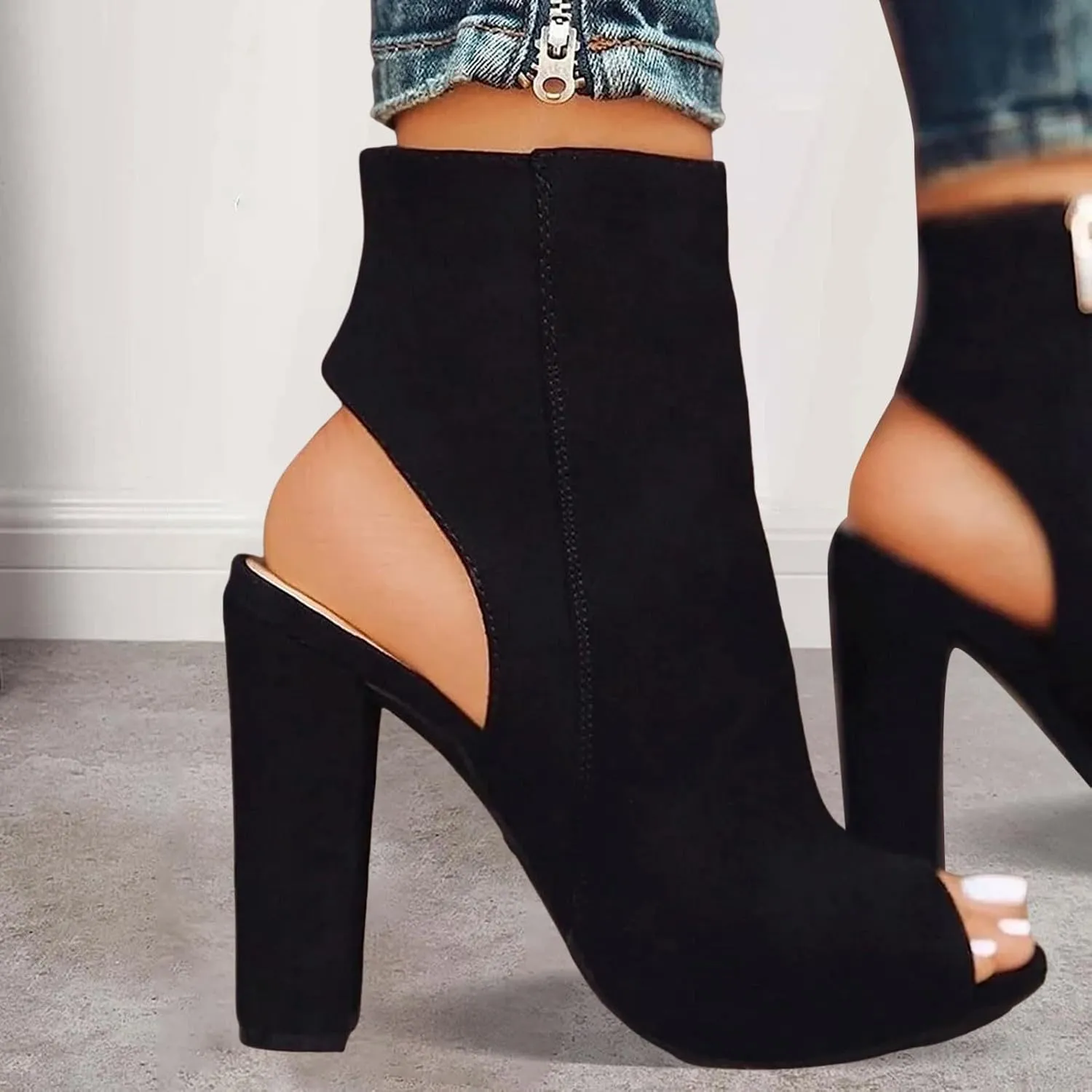 Women's High Heel Open Toe Platform Dress Boots Ladies Sexy Pump Boots Fashion Cutout Side Strap Zipper Backless Booties