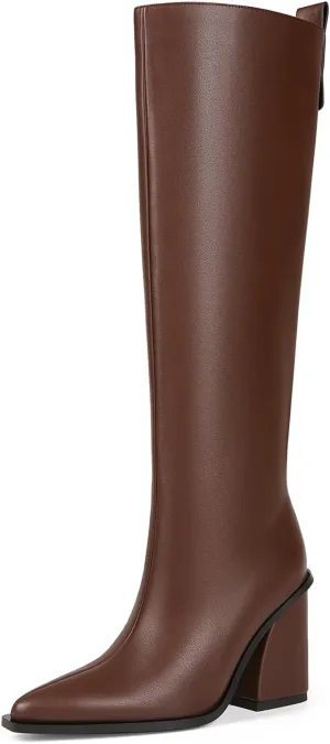 Women's Knee High Boots Block Chunky Heel Pointed Toe Tall Boots for Women High Heel Side Zipper Long Boots