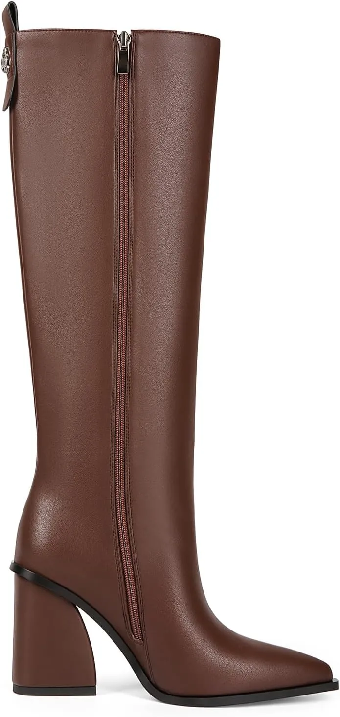 Women's Knee High Boots Block Chunky Heel Pointed Toe Tall Boots for Women High Heel Side Zipper Long Boots