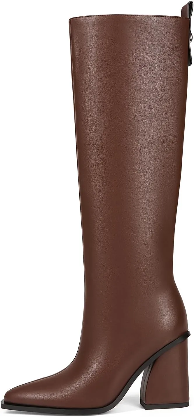 Women's Knee High Boots Block Chunky Heel Pointed Toe Tall Boots for Women High Heel Side Zipper Long Boots