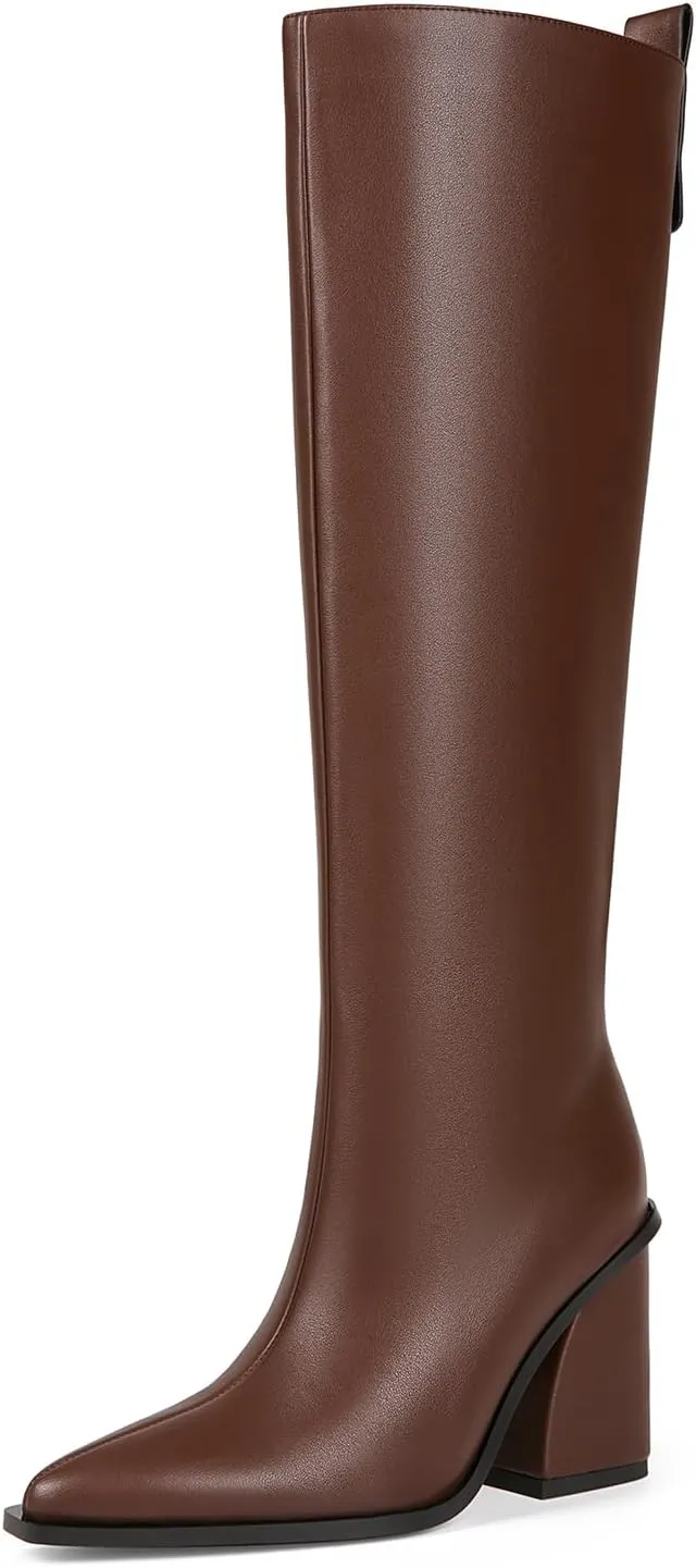 Women's Knee High Boots Block Chunky Heel Pointed Toe Tall Boots for Women High Heel Side Zipper Long Boots
