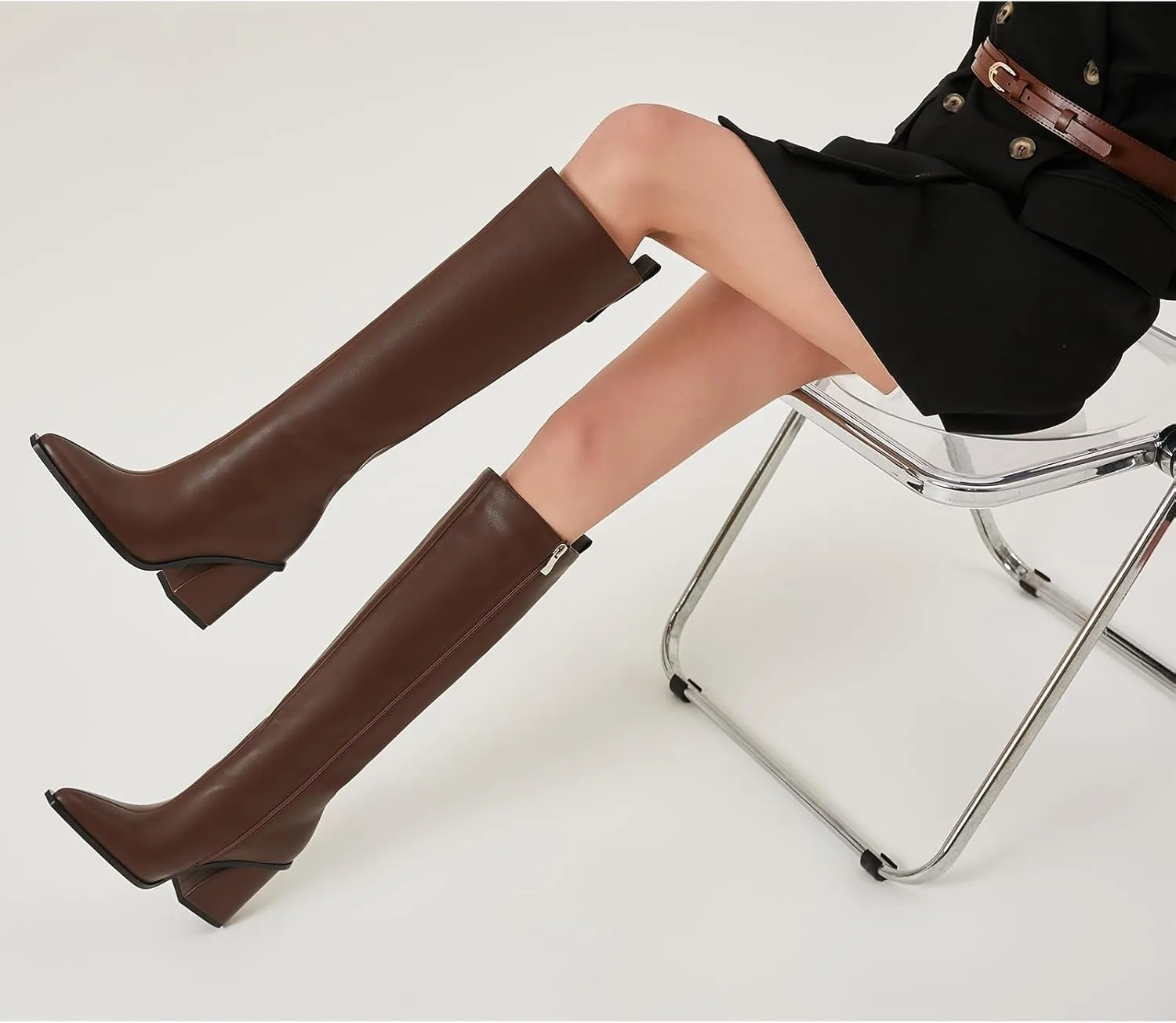Women's Knee High Boots Block Chunky Heel Pointed Toe Tall Boots for Women High Heel Side Zipper Long Boots