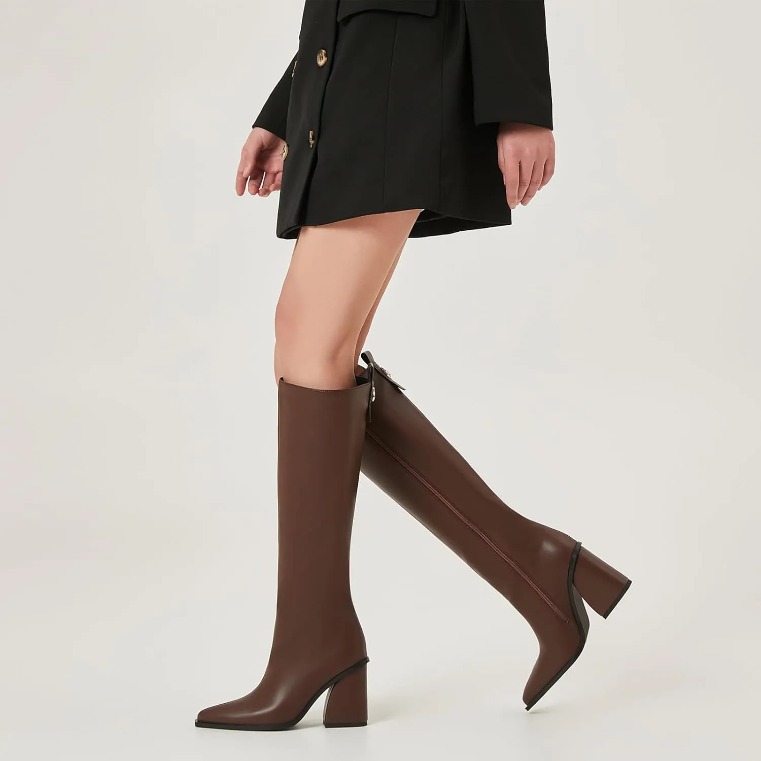 Women's Knee High Boots Block Chunky Heel Pointed Toe Tall Boots for Women High Heel Side Zipper Long Boots