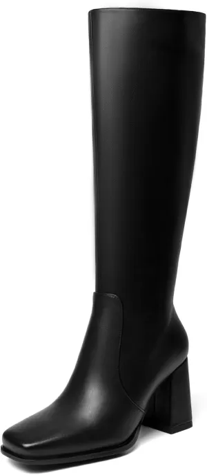 Women's Knee High Boots Faux Leather Square To Tall Boots Fashion Chunky Block Heel Long Boots with Side Zip
