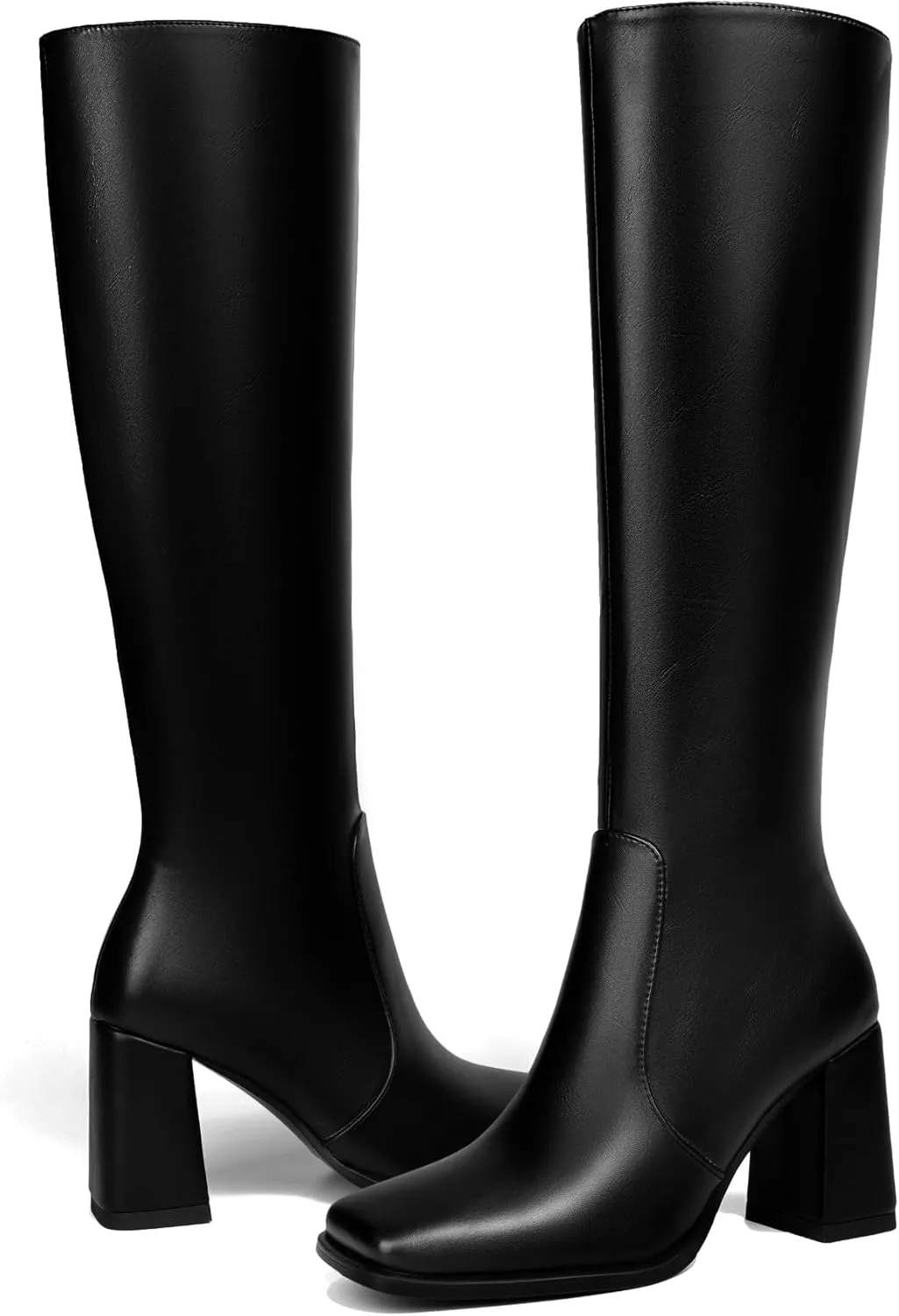 Women's Knee High Boots Faux Leather Square To Tall Boots Fashion Chunky Block Heel Long Boots with Side Zip