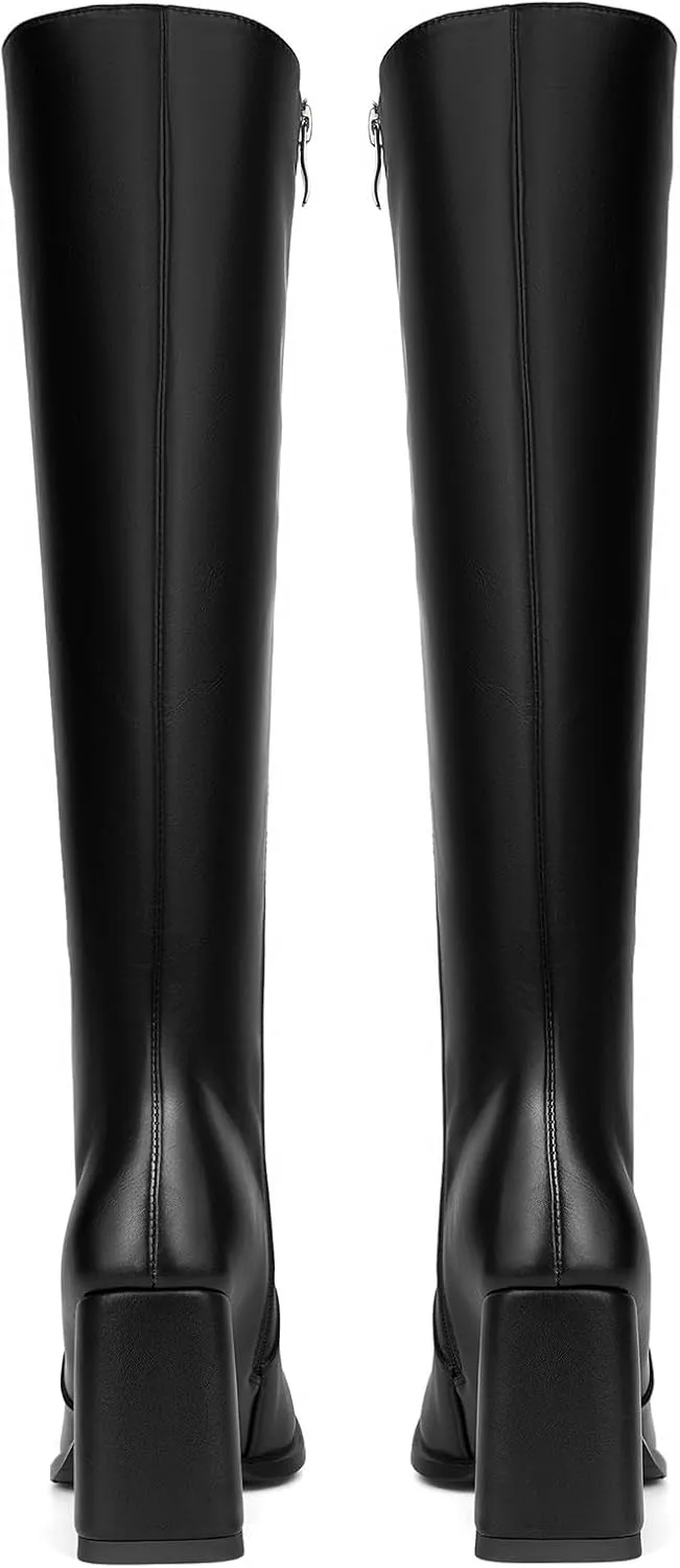 Women's Knee High Boots Faux Leather Square To Tall Boots Fashion Chunky Block Heel Long Boots with Side Zip