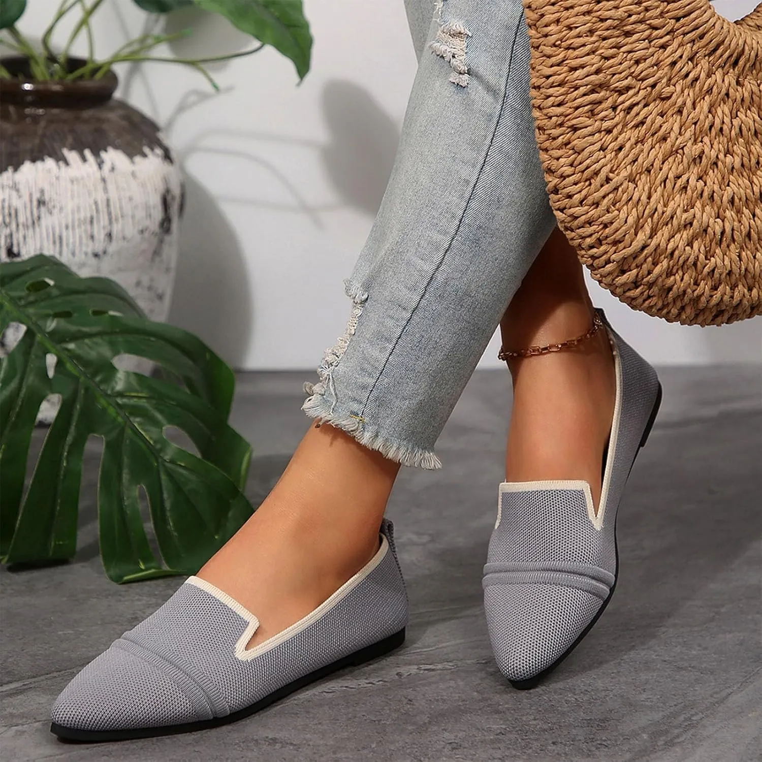 Womens Knit Slip on Casual Pointed Toe Loafers Comfortable Flats Loafer Ladies Driving Moccasins Business Work Shoes