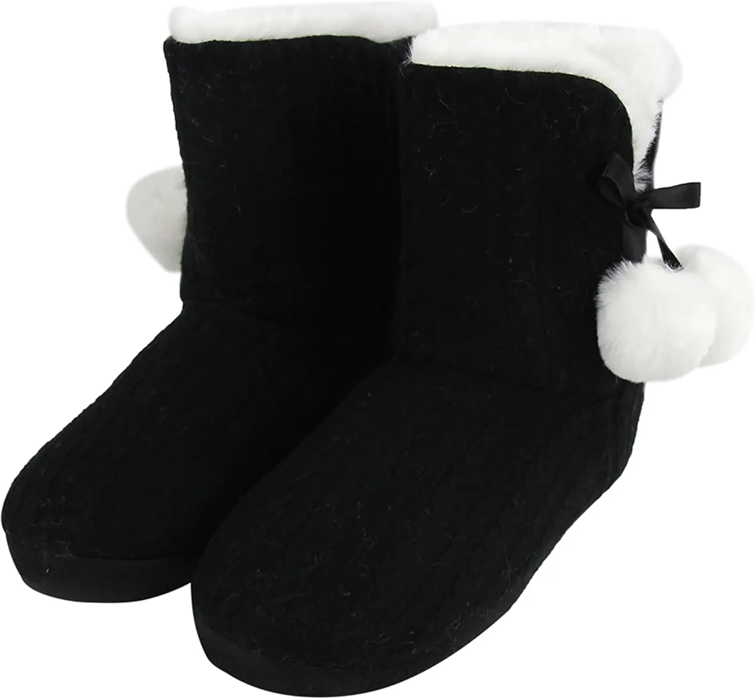 Women's Knit Slippers Indoor Warm Fluffy Home Bootie Slippers Anti-Slip House Shoes with Cute Pom Poms Soft Cozy Ankle Boots for Women